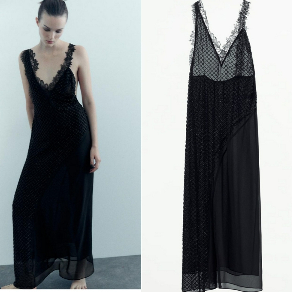 Zara embroidered dress with beads black size M new with tag